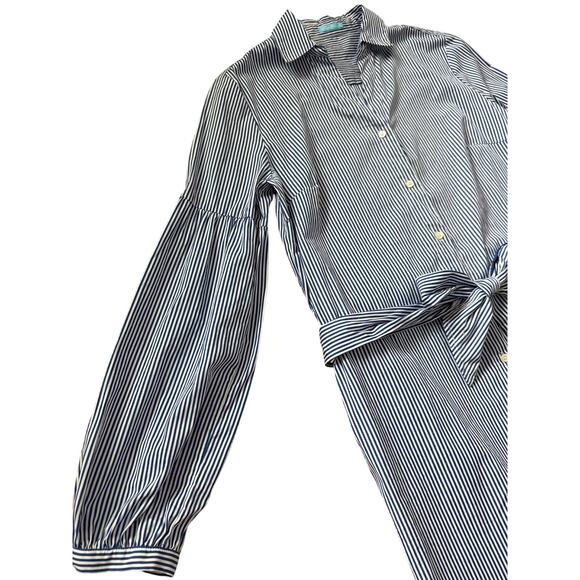 J. McLaughlin Millbury White & Navy Striped Poplin Dress Pockets Size Medium - Picture 7 of 11